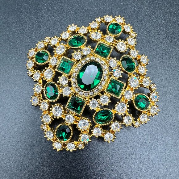 VTG Joan Rivers Gold Plated Emerald Green Clear Swarovski Crystal Large Brooch